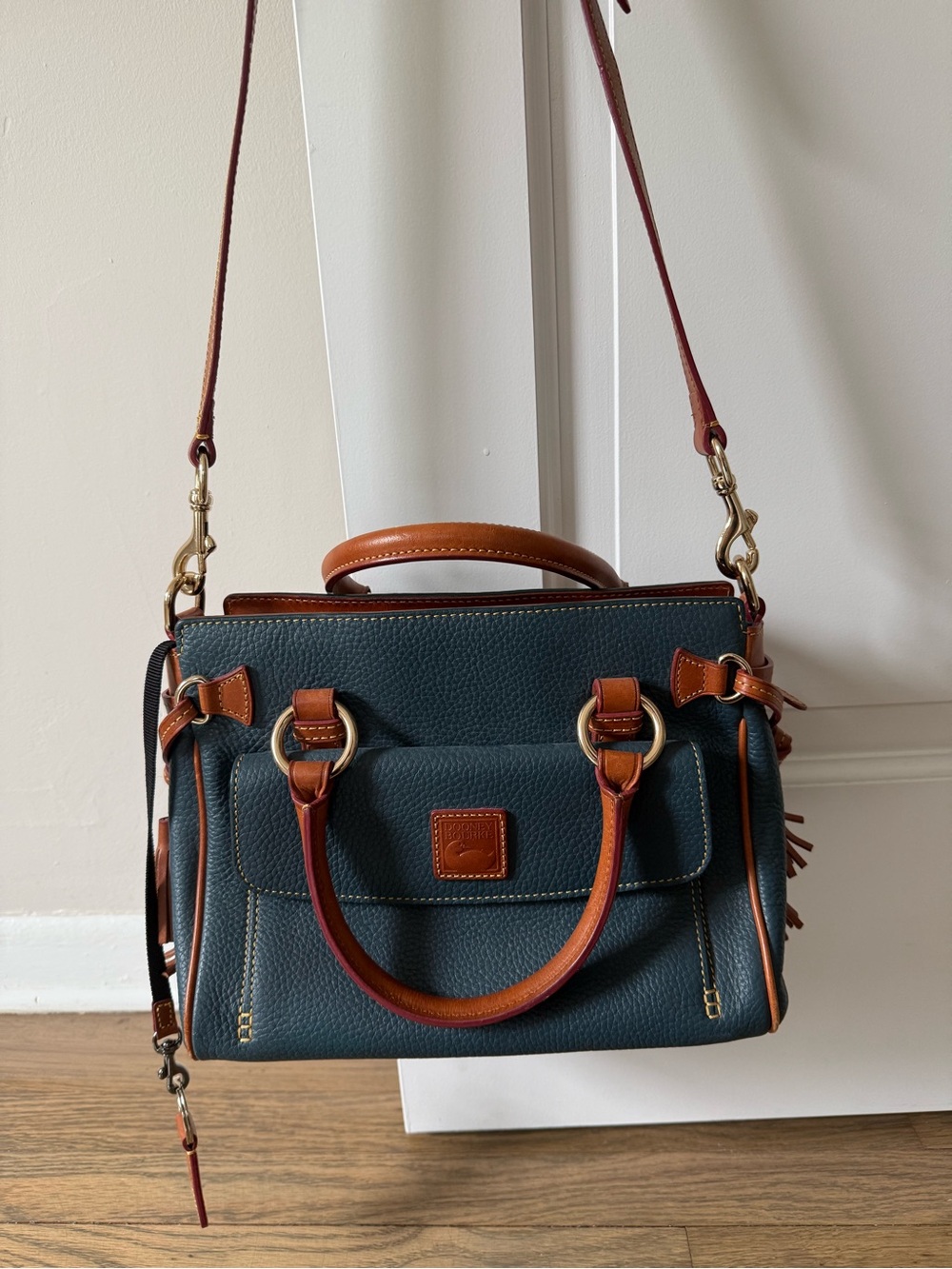 VINTAGE Dooney & Bourke Teal Pebble Leather Satchel with Brown Trim Bag